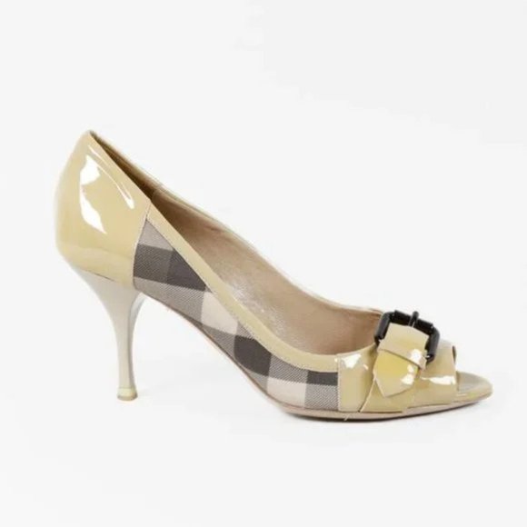 Burberry Nova Check Coated Canvas Beige Peep Toe Heels - Picture 1 of 9